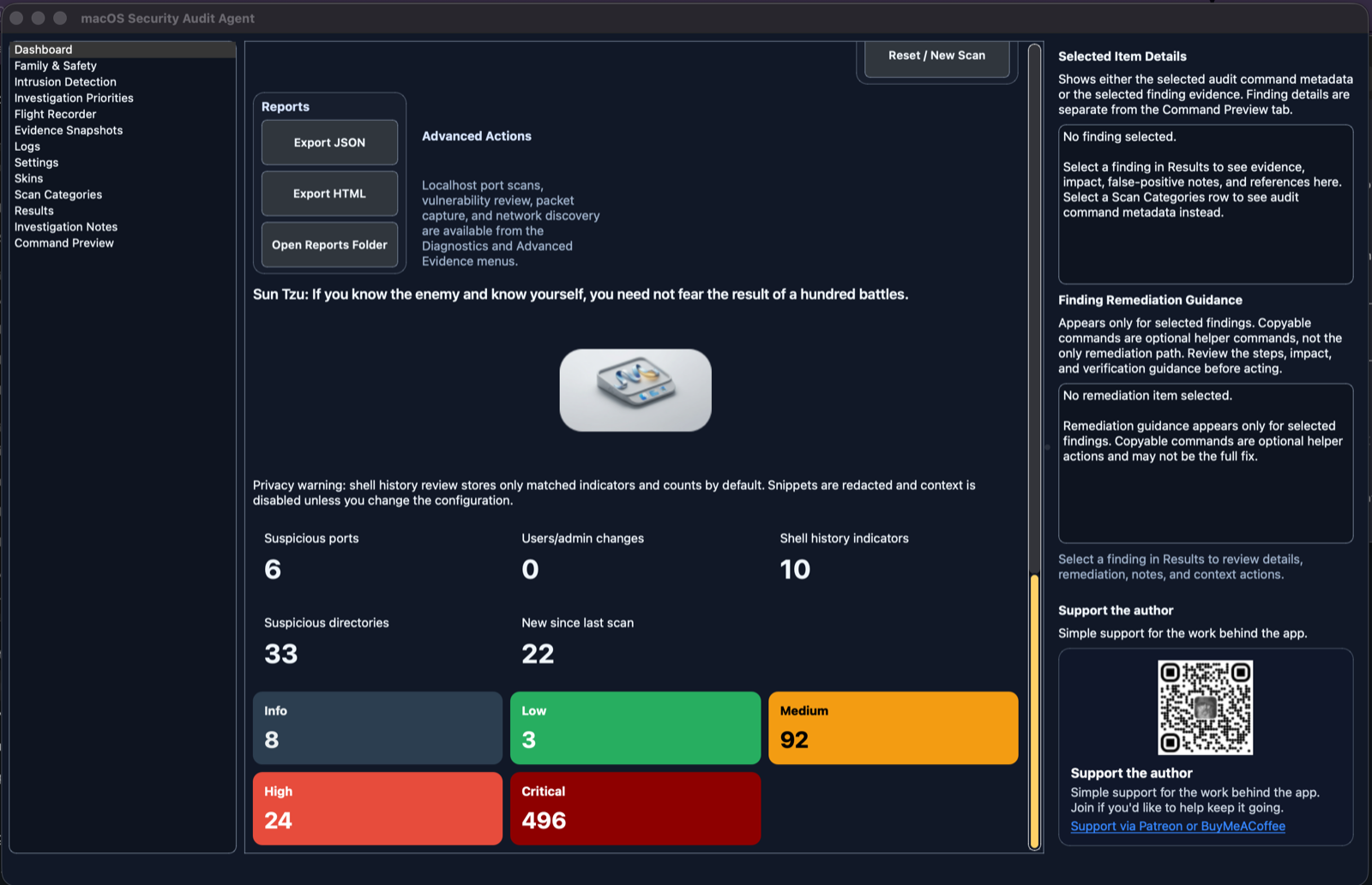 Dashboard view in macOS Security Audit Agent