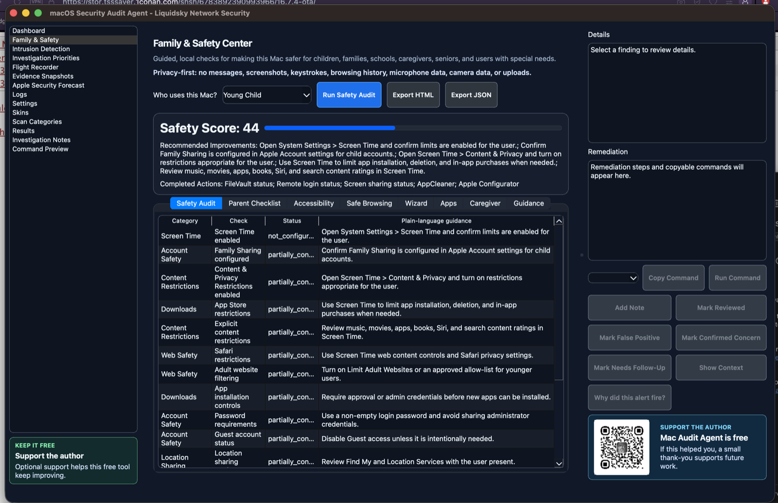 Family and Safety Center view in macOS Security Audit Agent