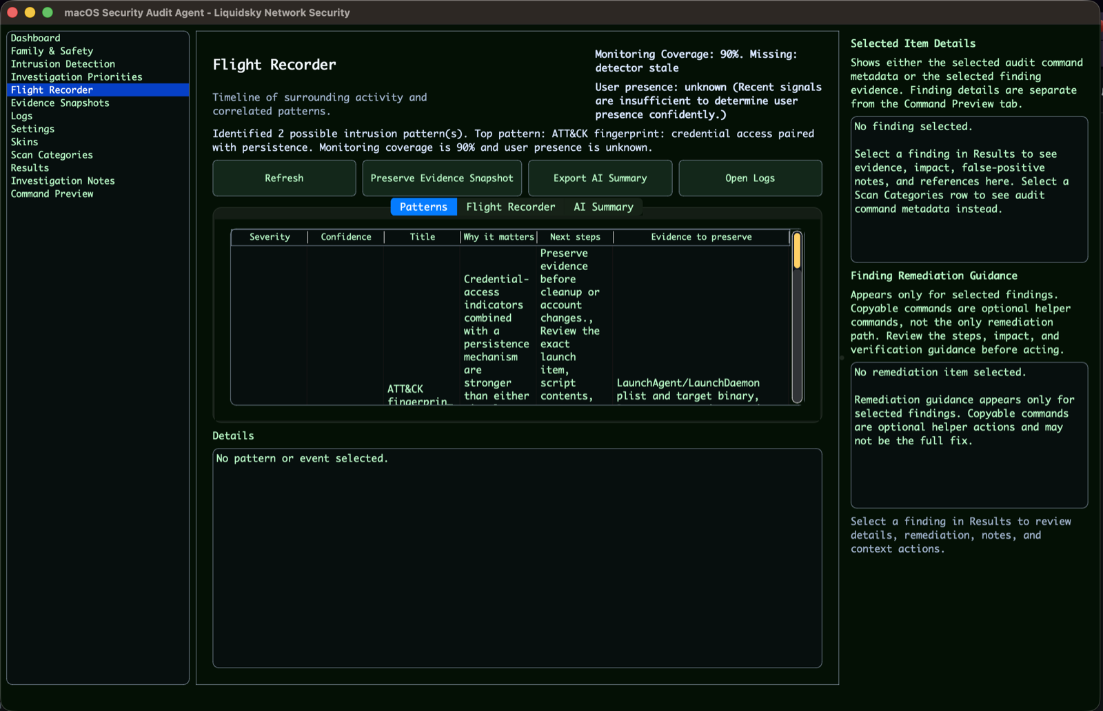 Flight Recorder activity monitoring view in macOS Security Audit Agent