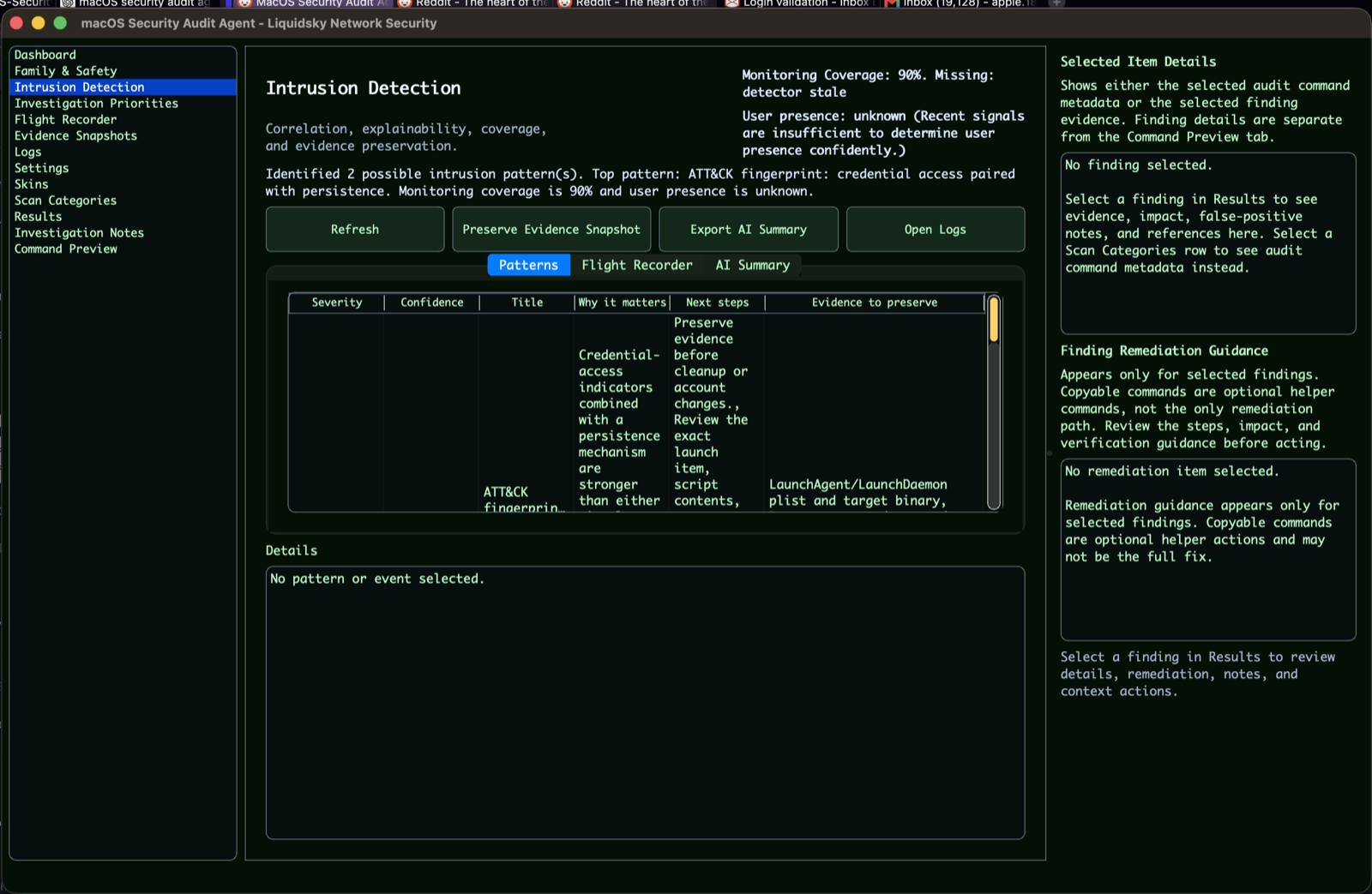 Intrusion Detection monitoring view in macOS Security Audit Agent