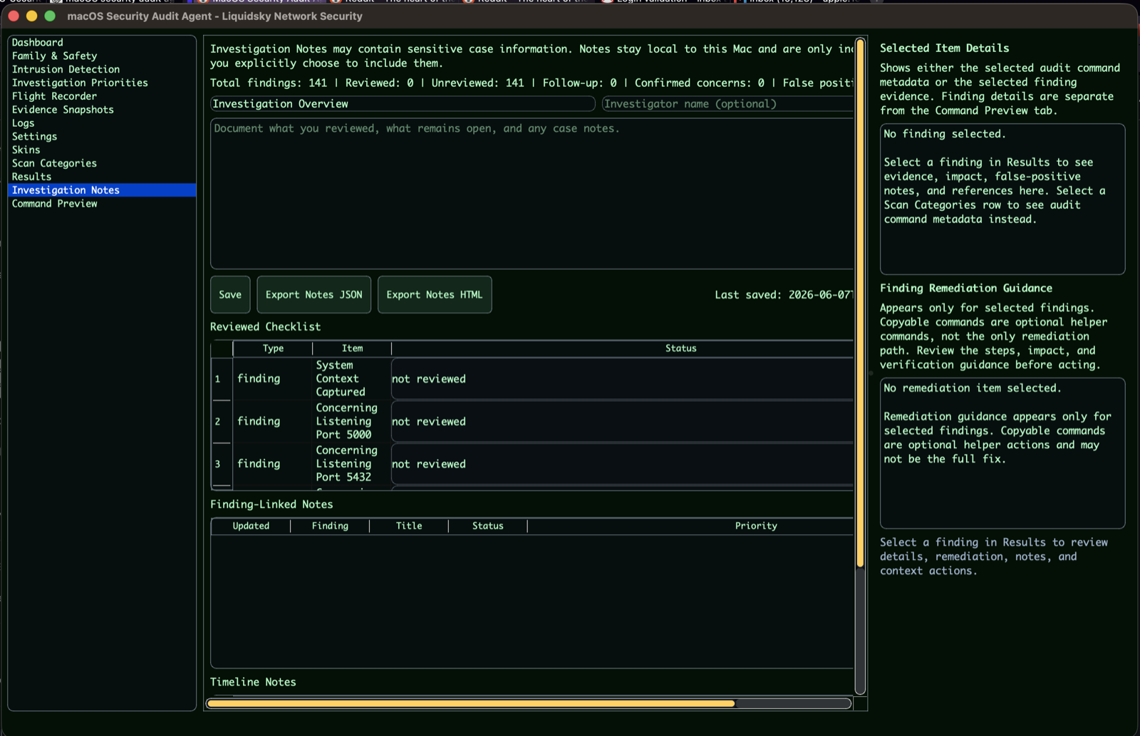 Investigation Notes view in macOS Security Audit Agent