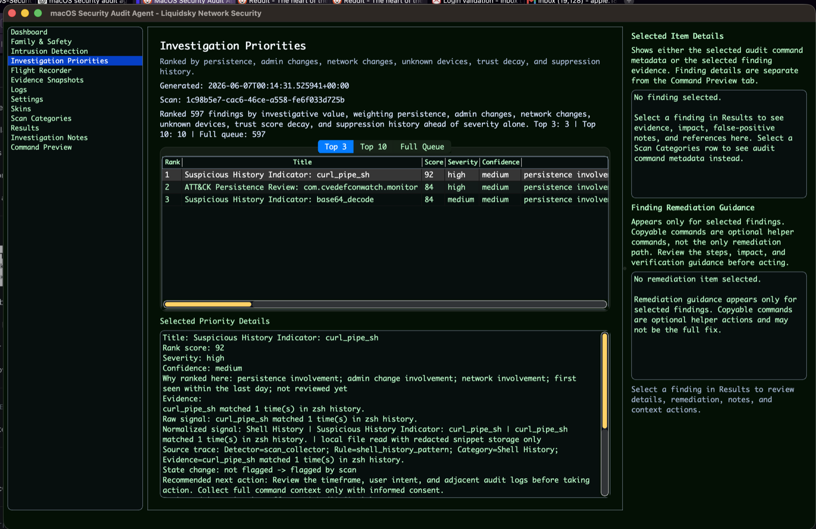 Investigation Priorities workflow view in macOS Security Audit Agent