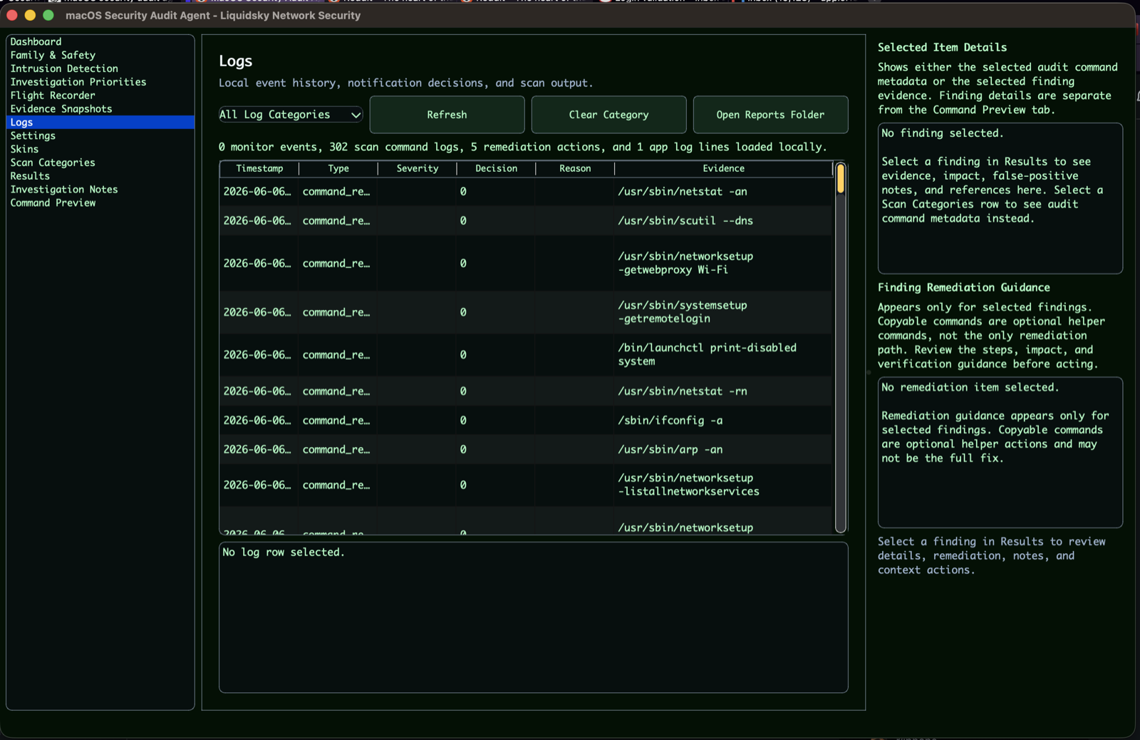Logs view in macOS Security Audit Agent