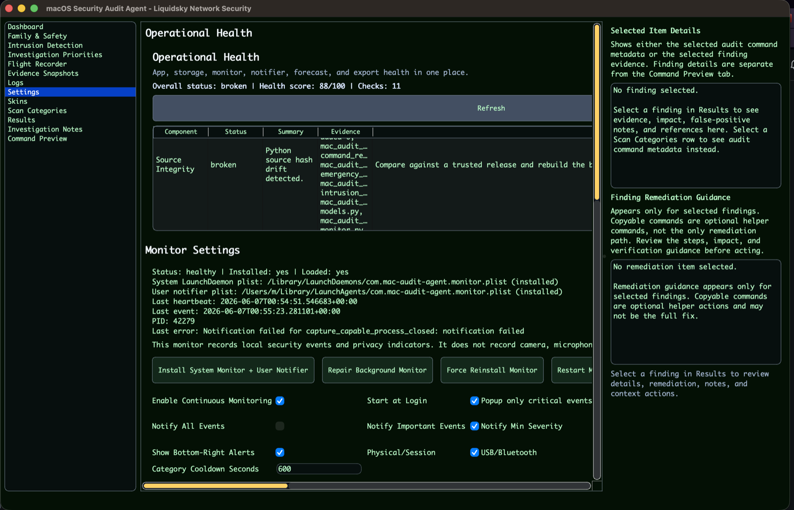 Settings and monitor configuration view in macOS Security Audit Agent